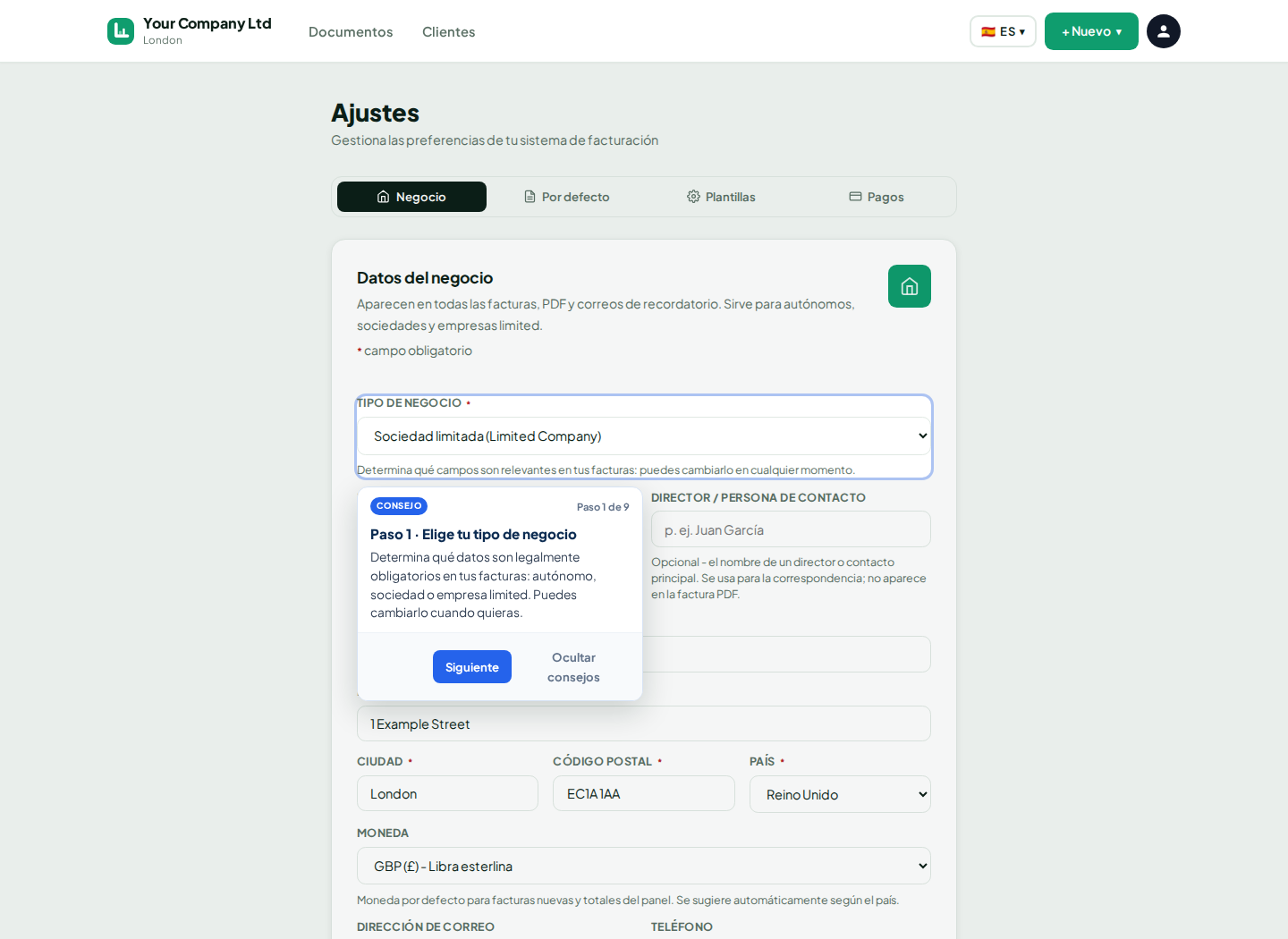 Ajustes de factura de LingvaBill para Your Company Ltd