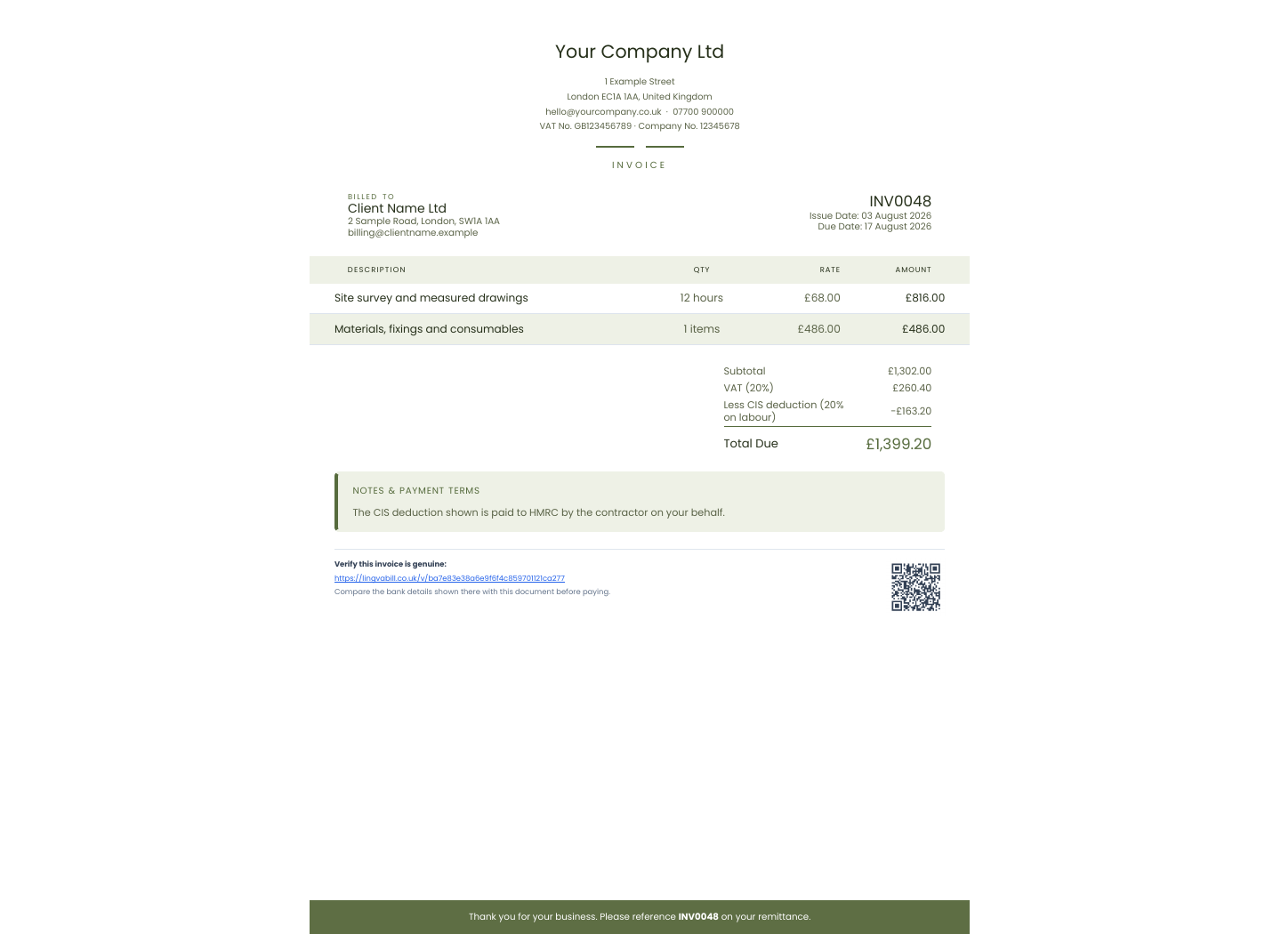 LingvaBill sąskaita faktūra su Your Company Ltd ir Client Name Ltd