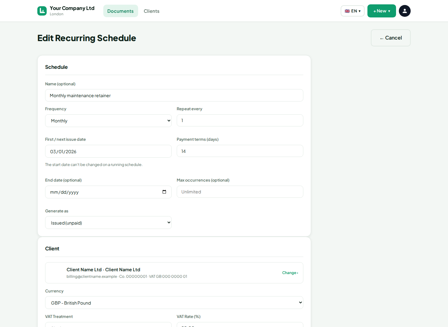 LingvaBill invoice dashboard with Client Name Ltd records