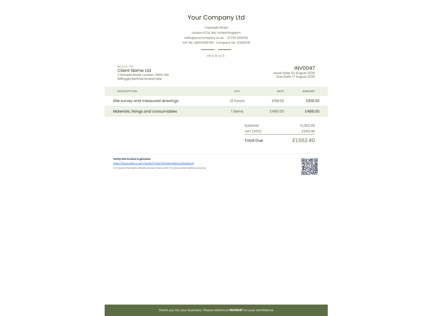 Factură LingvaBill cu Your Company Ltd și Client Name Ltd